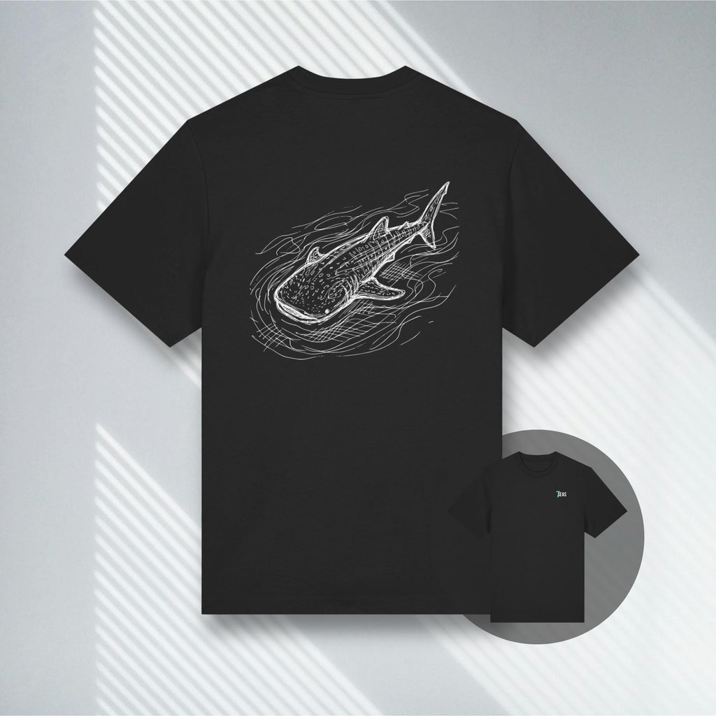 Rückansicht des schwarzen Heavyweight T-Shirts mit weißem Walhai-Rückenprint.
