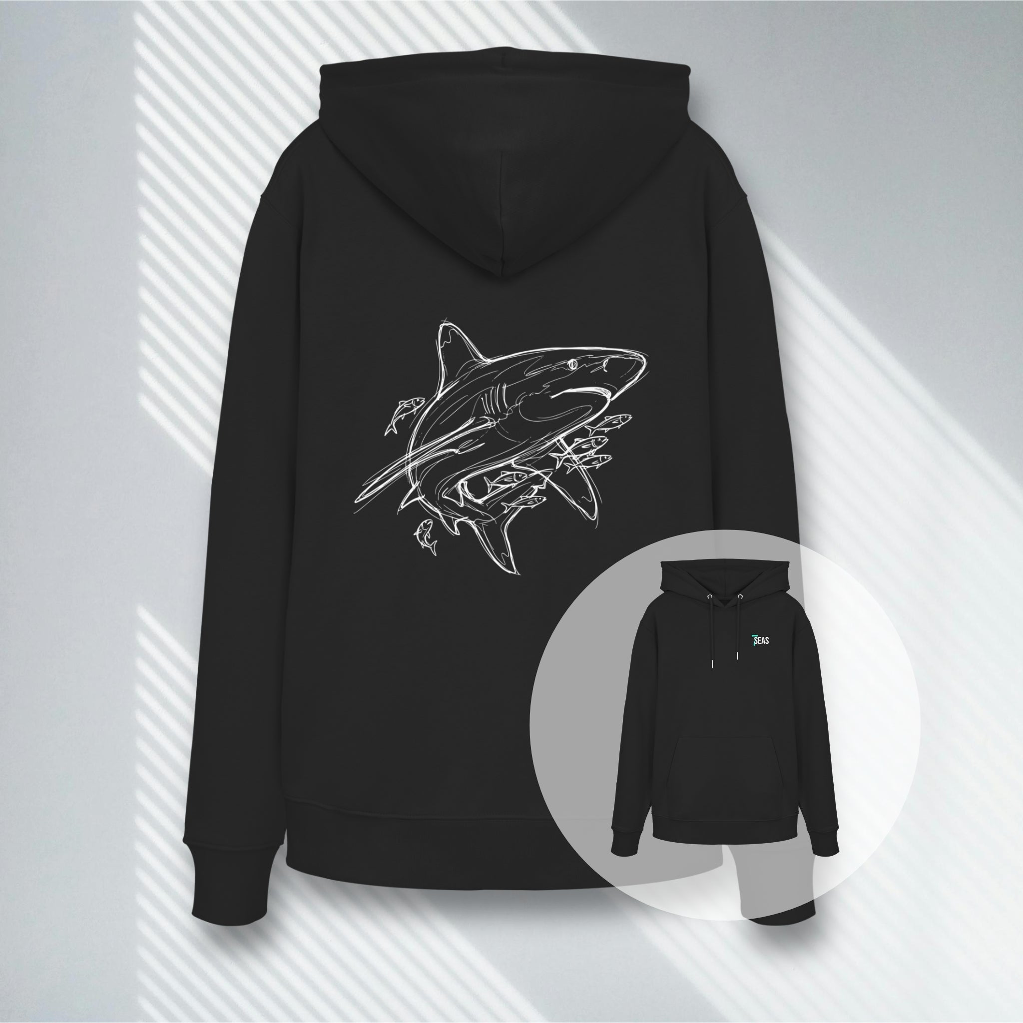 Rückansicht schwarzer 350g Bio-Hoodie mit weißer Longimanus Strichzeichnung.