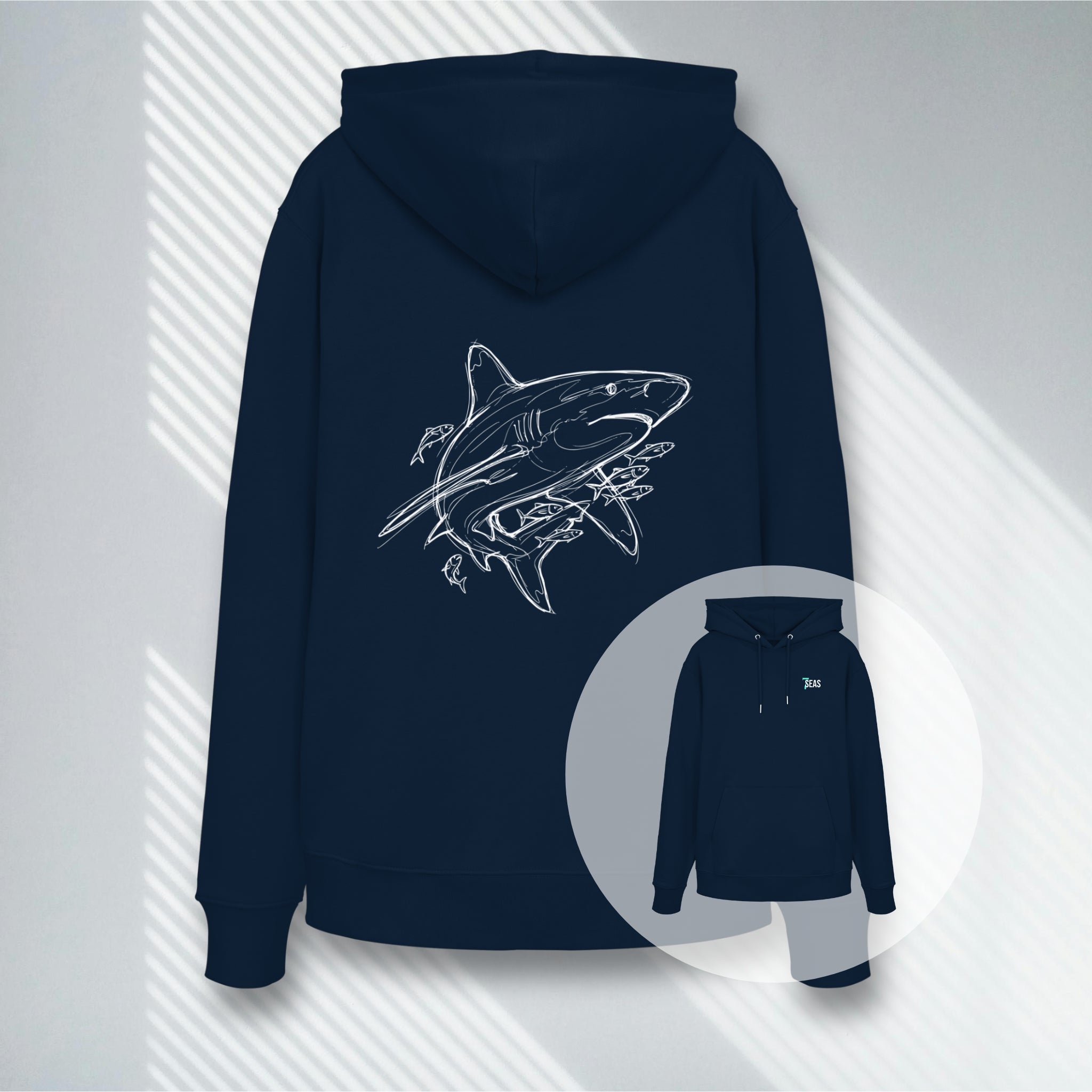 Dunkelblauer Premium Hoodie mit technischem Hai-Blueprint auf dem Rücken.