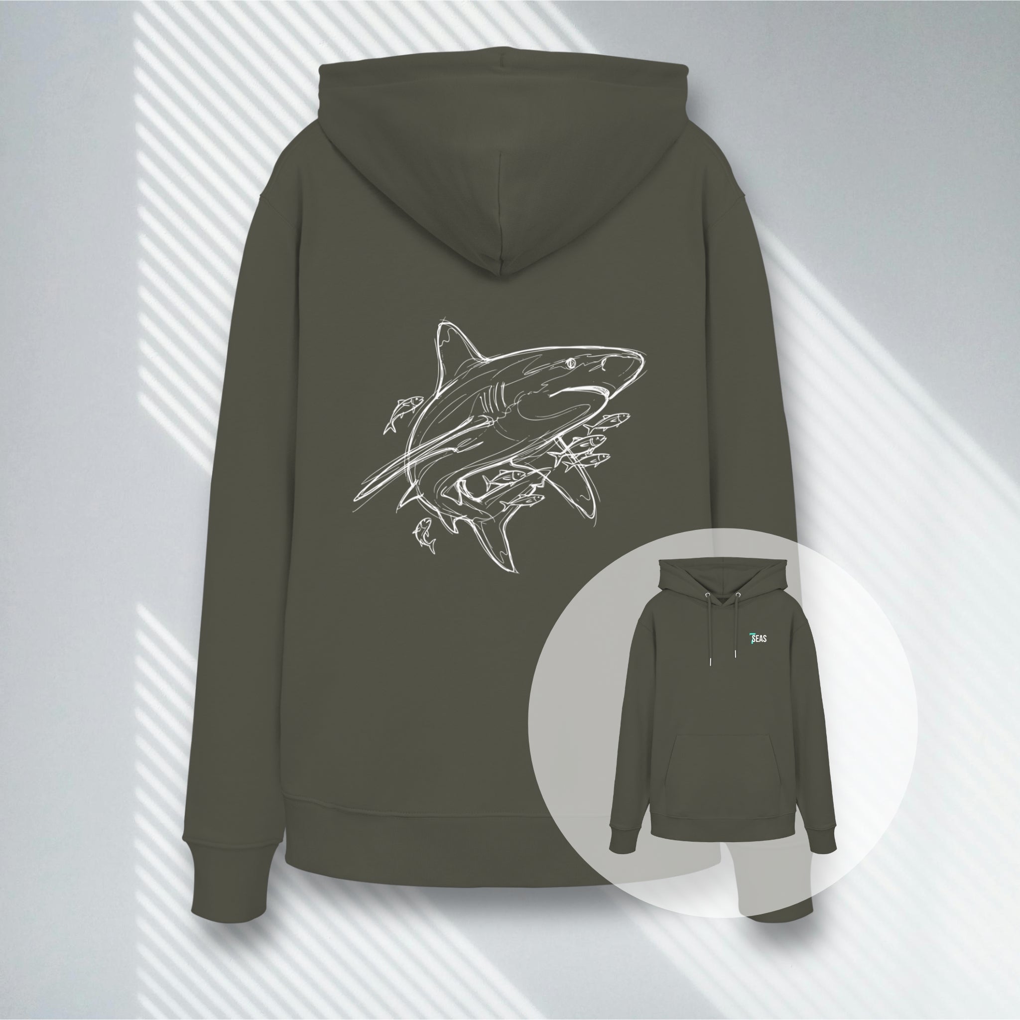 Khakifarbener Hoodie mit hochwertigem Hai-Print der Oceanic Blueprints Serie.