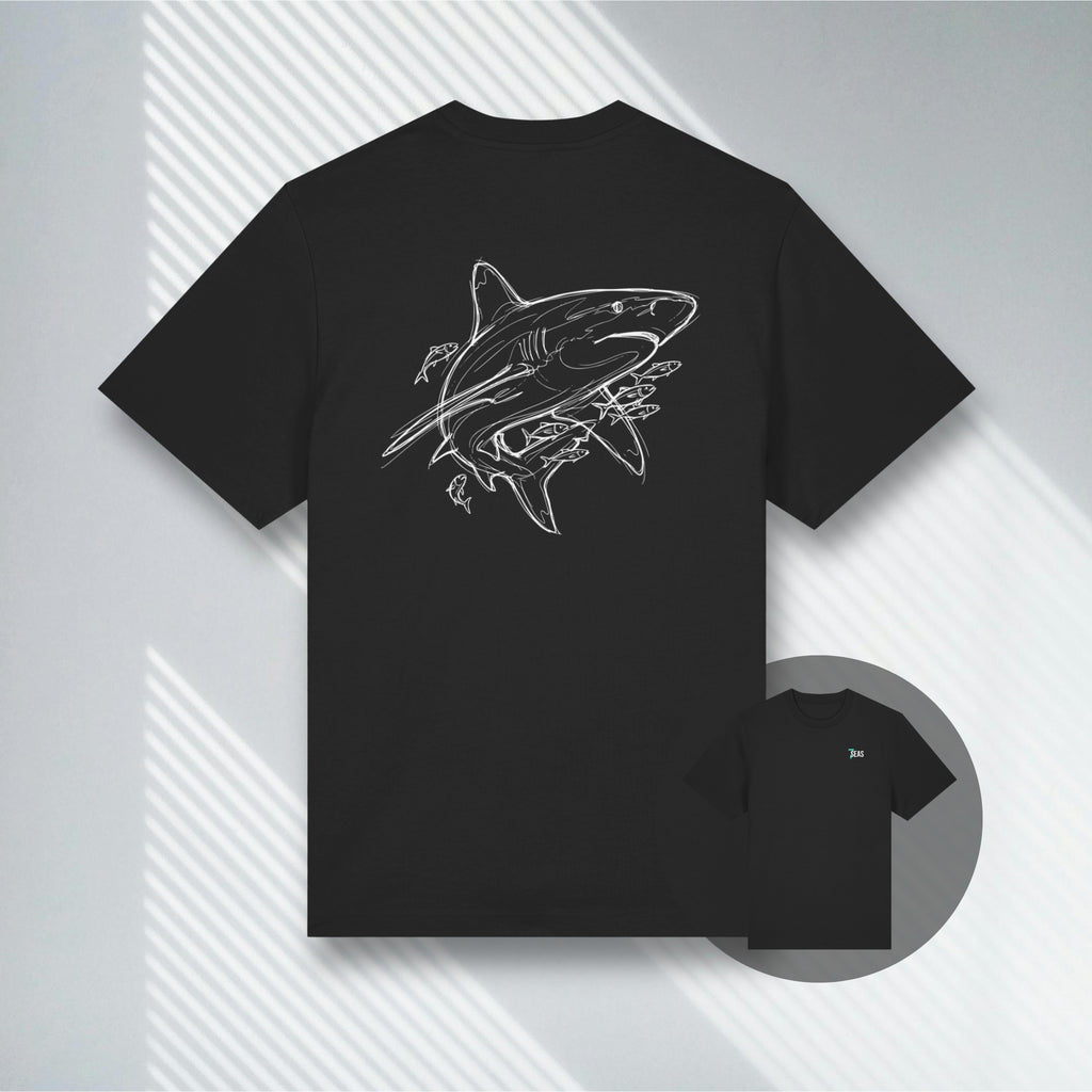 Schwarzes Heavyweight Bio-T-Shirt mit weißem Longimanus Blueprint auf dem Rücken.