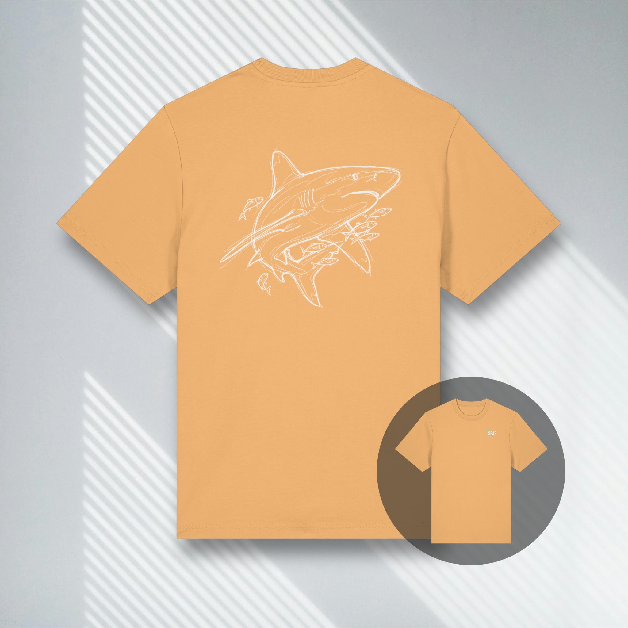 Gelbes T-Shirt aus 100% Bio-Baumwolle mit technischem Hai-Motiv.
