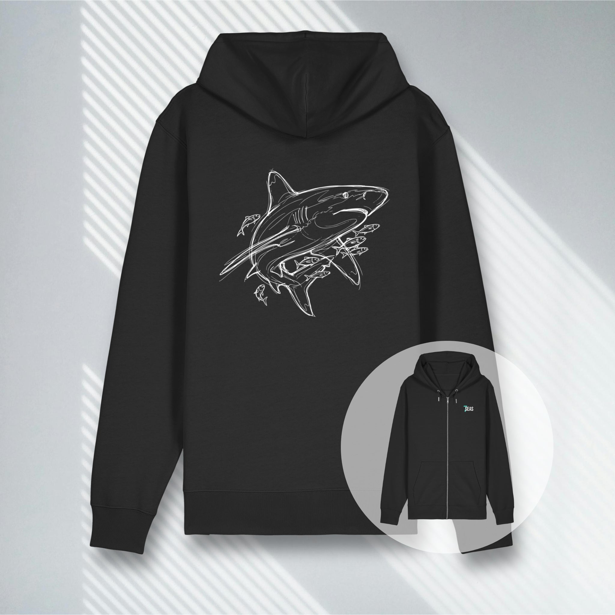 Schwarzer Full-Zip Bio-Hoodie mit weißem Hai-Blueprint auf dem Rücken.