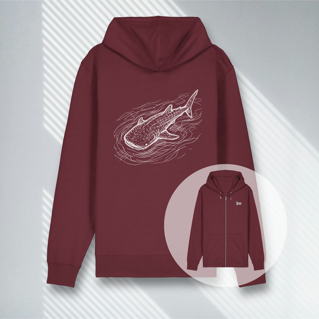 Weinroter Premium Zipper mit technischem Walhai-Design, GOTS-zertifiziertes Geschenk für Taucher & Meeresfans.