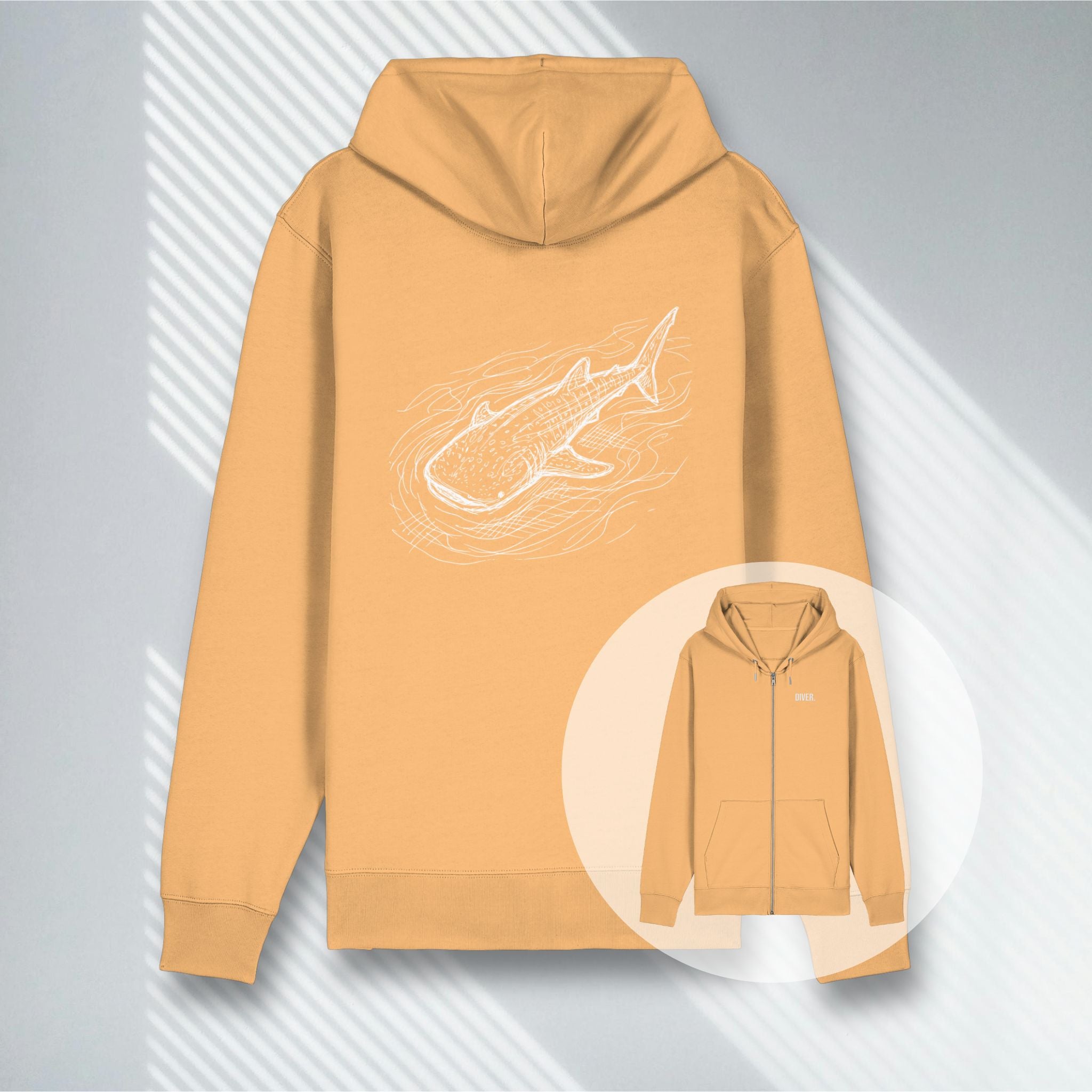 Gelb-orangefarbener Organic Zipper mit technischer Walhai-Illustration, nachhaltige Mode aus Bio-Baumwolle.