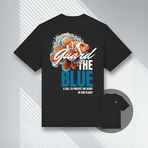 Schwarzes Heavyweight T-Shirt mit Clownfisch-Design und Guard the Blue Slogan, nachhaltige Mode.