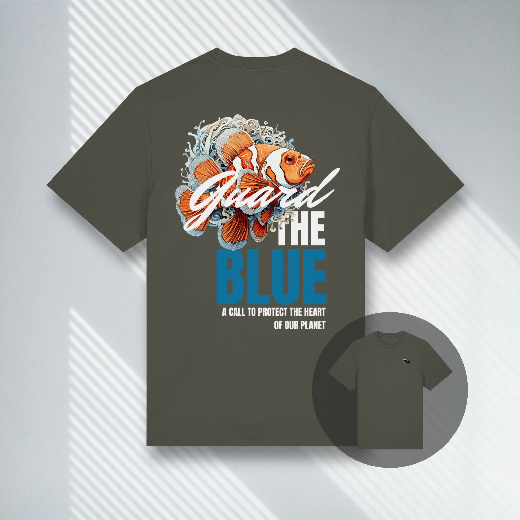 Hellgrünes T-Shirt für Ozean-Liebhaber, dezenter Clownfisch-Print, Bio-Baumwolle.