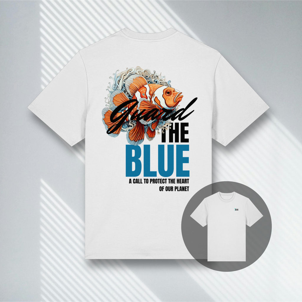 Weißes Bio-Baumwollshirt mit minimalistischem Clownfisch-Print, 7Seaspirations Guard the Blue.