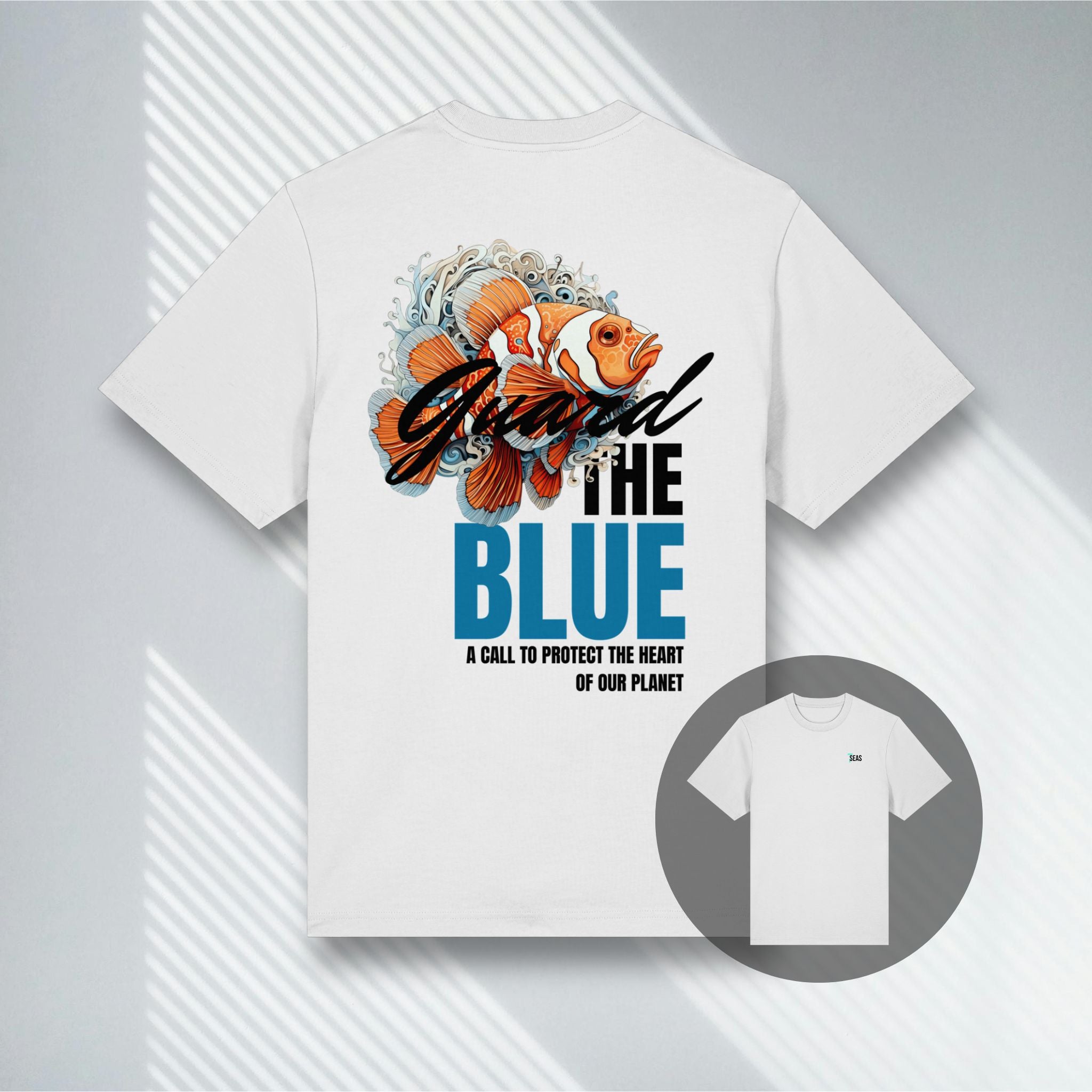 Weißes Bio-Baumwollshirt mit minimalistischem Clownfisch-Print, 7Seaspirations Guard the Blue.