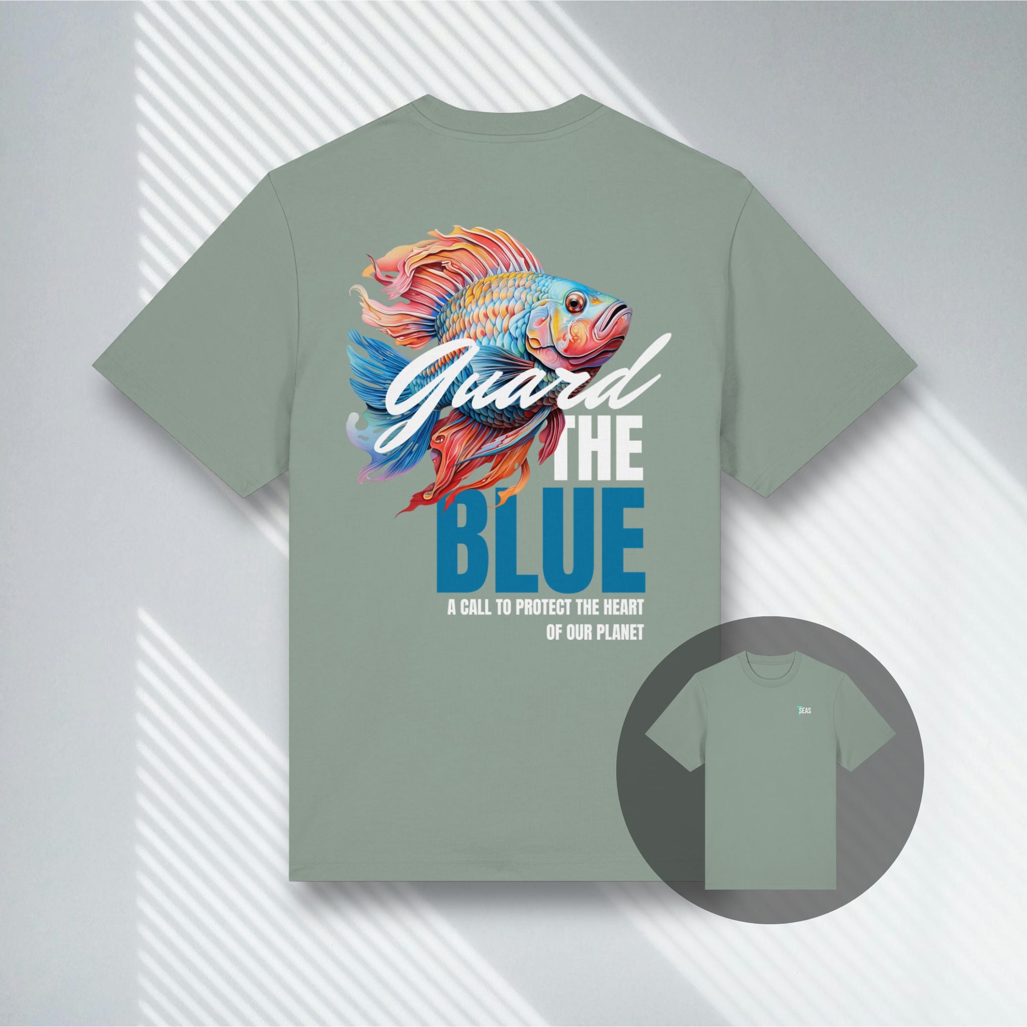 Hellgrünes T-Shirt für Ozean-Liebhaber, dezenter Fisch-Print, Bio-Baumwolle.