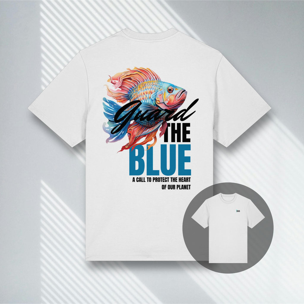 Weißes Bio-Baumwollshirt mit modernem Fisch-Print, 7Seaspirations Guard the Blue.