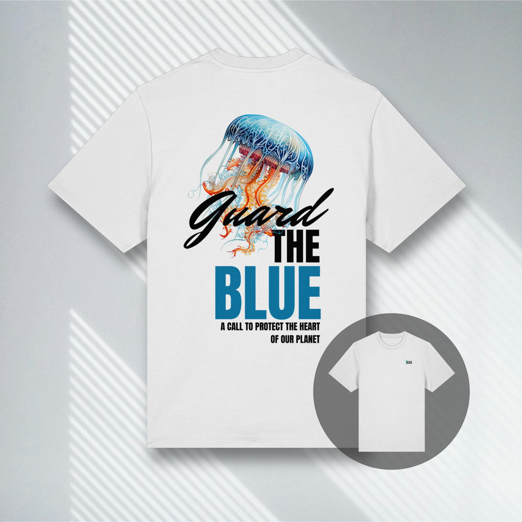 Weißes Heavyweight Shirt mit minimalistischer Quallen-Grafik, nachhaltige Taucher Mode, 7Seaspirations.