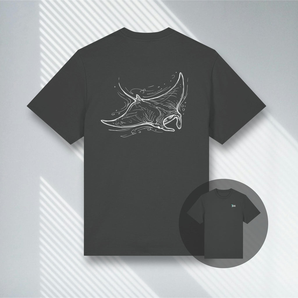 Anthrazitfarbenes Shirt mit technischer Manta-Zeichnung, nachhaltige Streetwear aus Bio-Baumwolle.