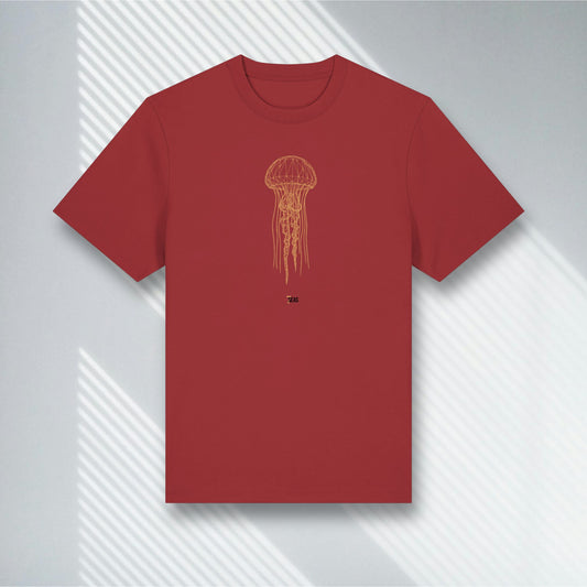 Rostrotes Heavyweight T-Shirt mit goldener Qualle, Stanley/Stella Red Earth, Ocean Lover Gift.