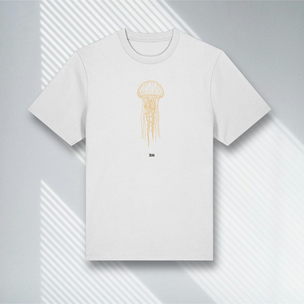 Weißes Bio T-Shirt mit goldenem Quallen Wireframe, Stanley/Stella Sparker 2.0, Living Gold Kollektion.