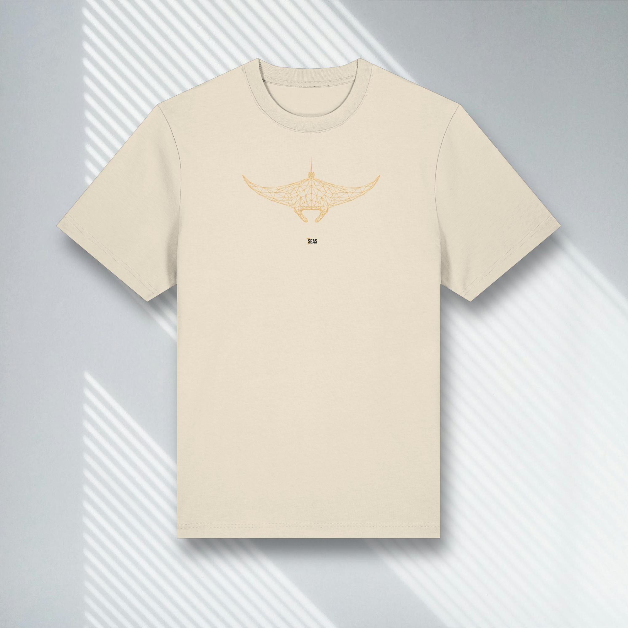 Naturfarbenes Bio-Shirt mit goldenem geometrischen Manta, Stanley/Stella Natural Raw, Minimalist Art.