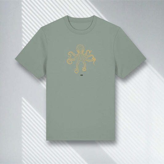 Helles Aloe T-Shirt mit goldenem Oktopus Design, Stanley/Stella Sparker Aloe, Summer Style.