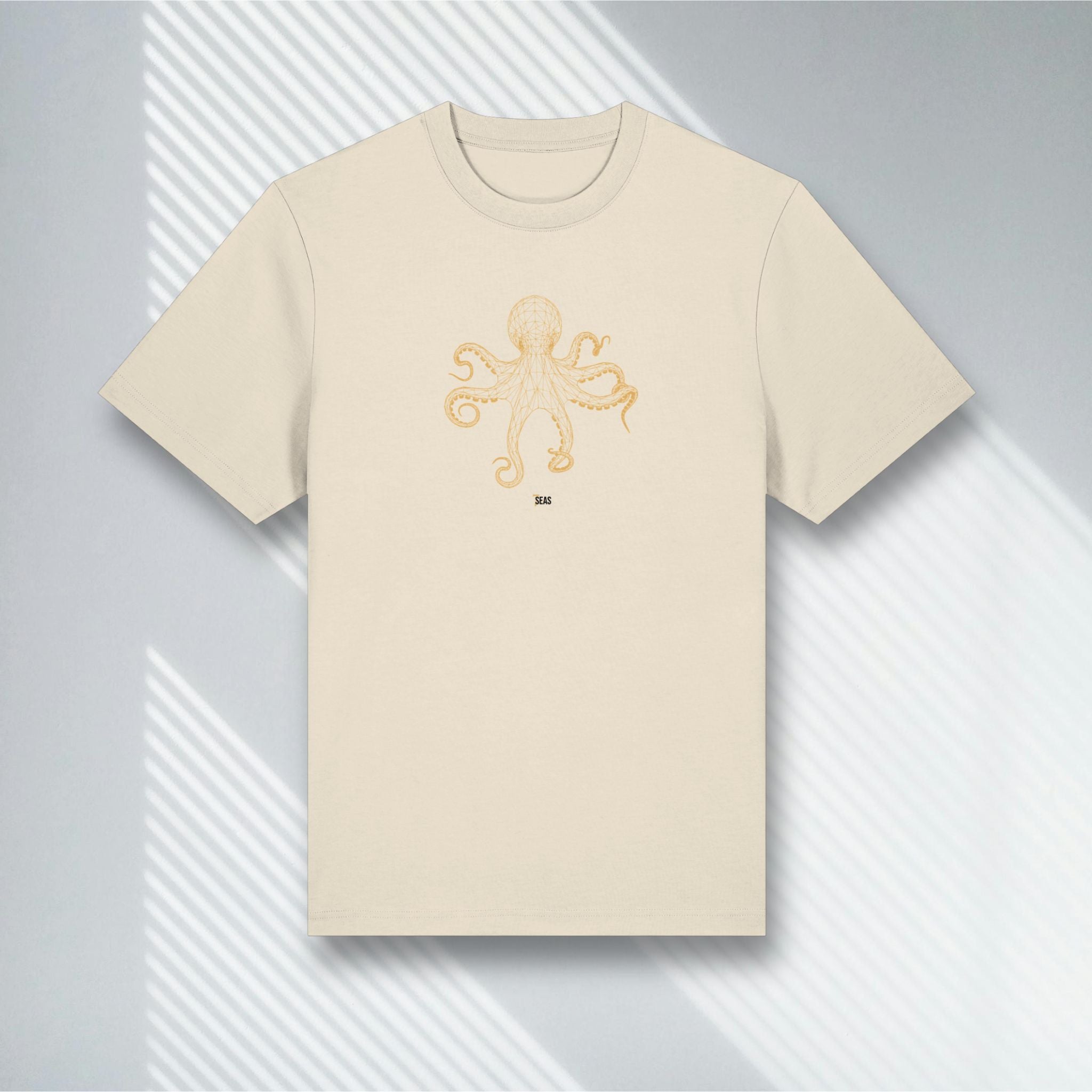 Naturfarbenes Bio-Shirt mit goldenem geometrischen Oktopus, Stanley/Stella Natural Raw, Minimalist Art.