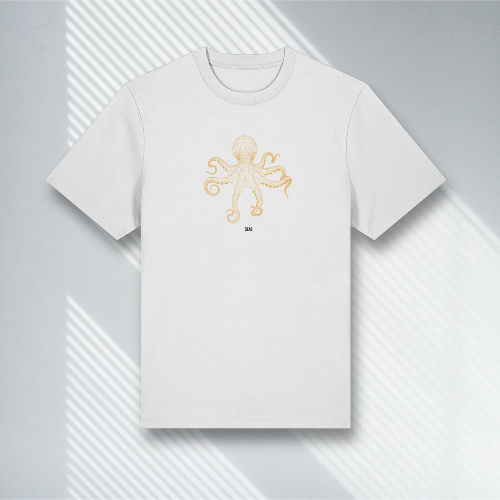 Weißes Bio T-Shirt mit goldenem Oktopus Wireframe, Stanley/Stella Sparker 2.0, Living Gold Kollektion.