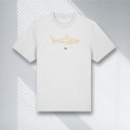 Weißes Bio-Baumwoll T-Shirt mit goldenem Hai Wireframe, Stanley/Stella Sparker 2.0, Living Gold Kollektion.