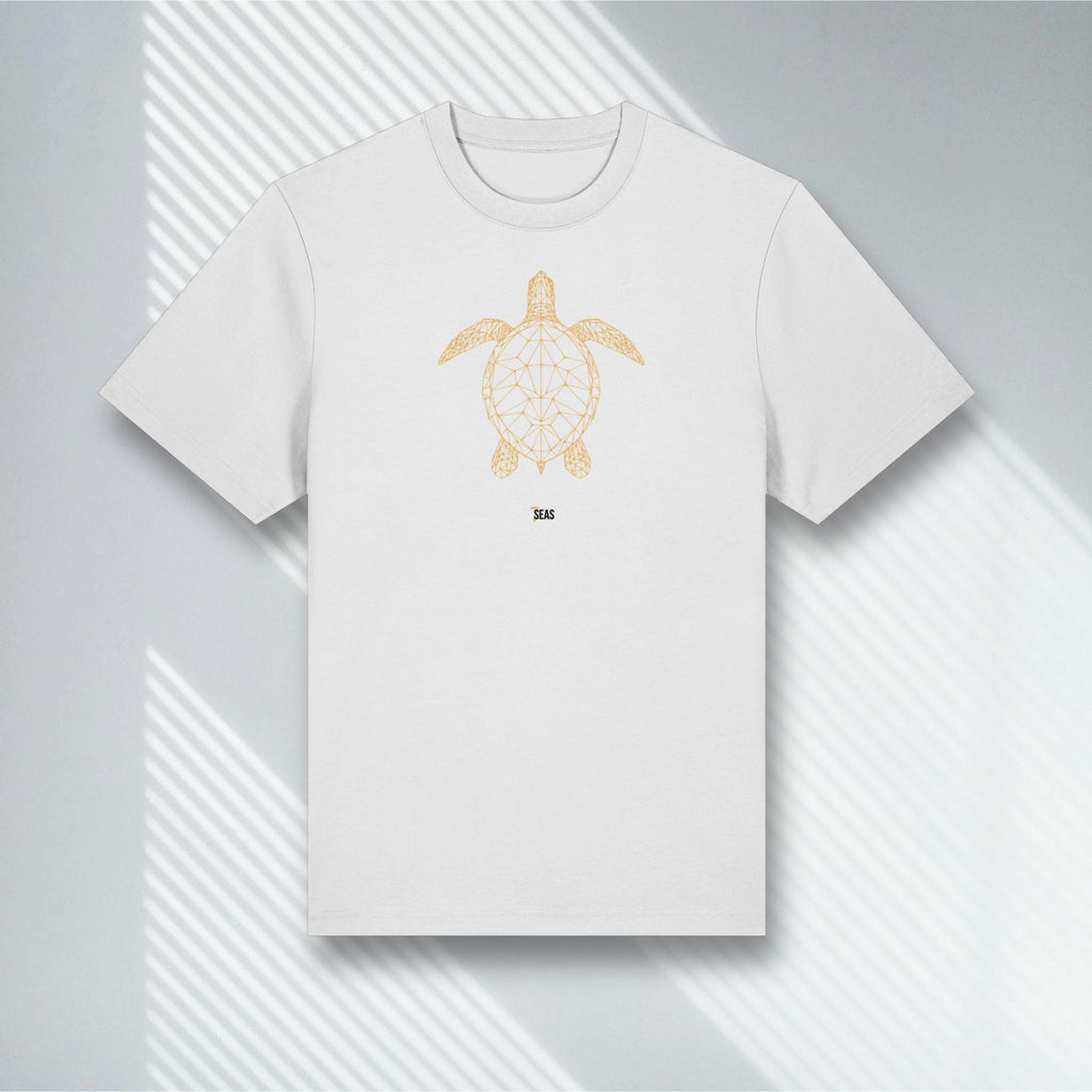 Weißes Bio T-Shirt mit goldenem Schildkröten Wireframe, Stanley/Stella Sparker 2.0, Living Gold Kollektion.