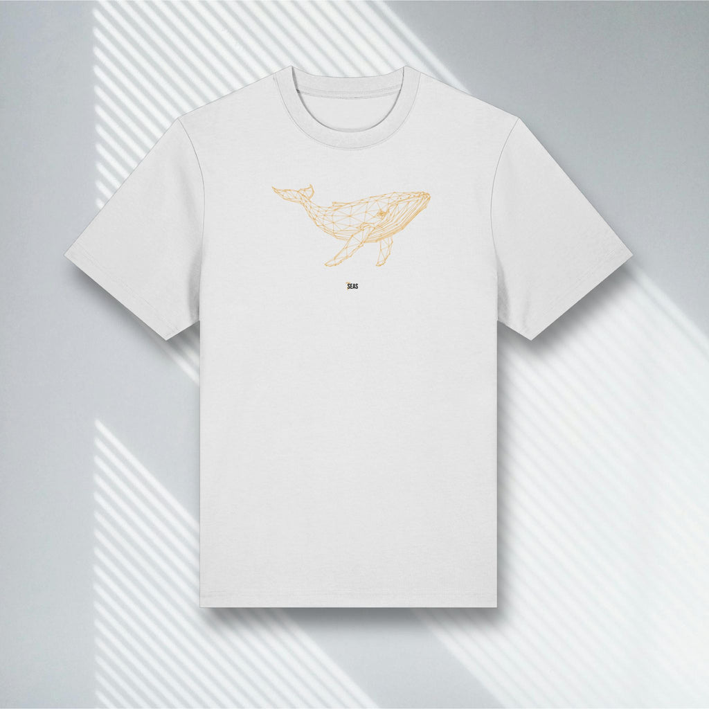 Weißes Bio T-Shirt mit goldenem Wal Wireframe, Stanley/Stella Sparker 2.0, Living Gold Kollektion.