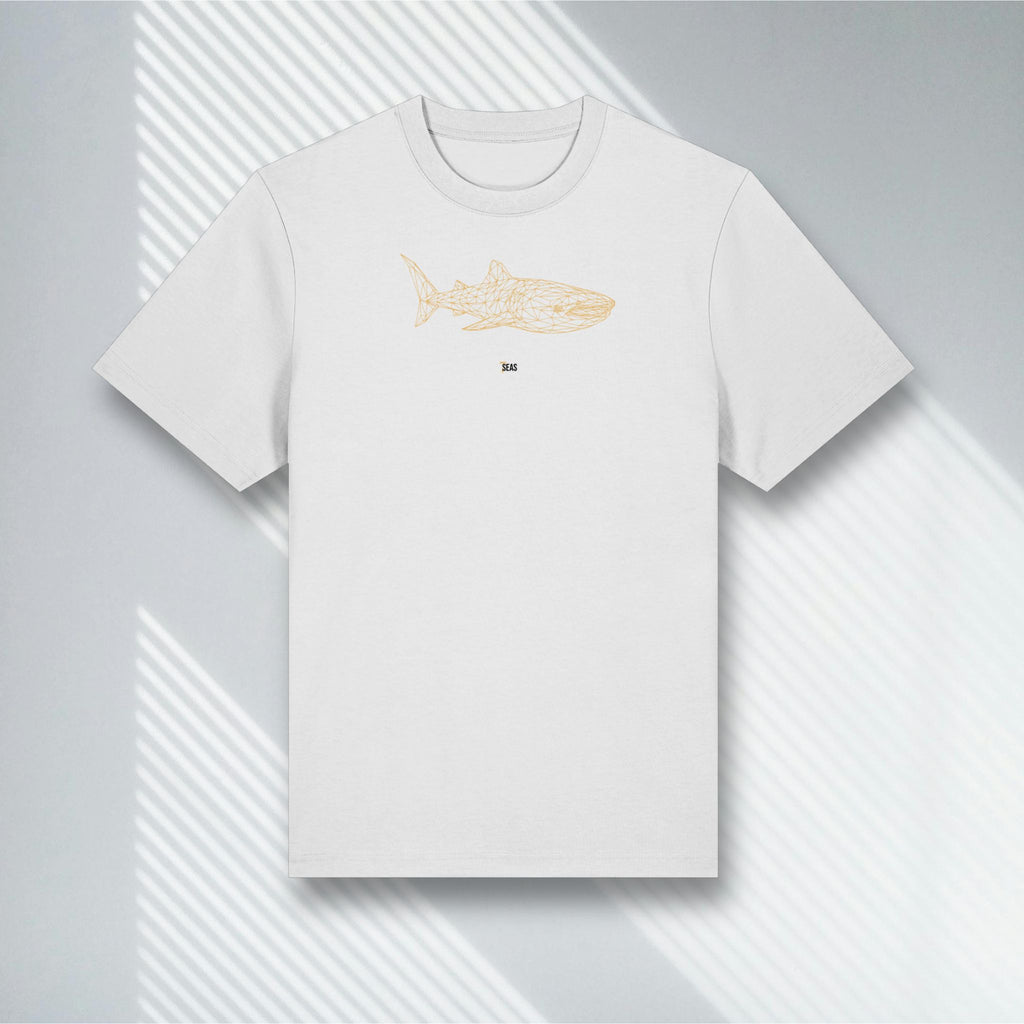 Weißes Bio T-Shirt mit goldenem Walhai Wireframe, Stanley/Stella Sparker 2.0, Living Gold Kollektion.