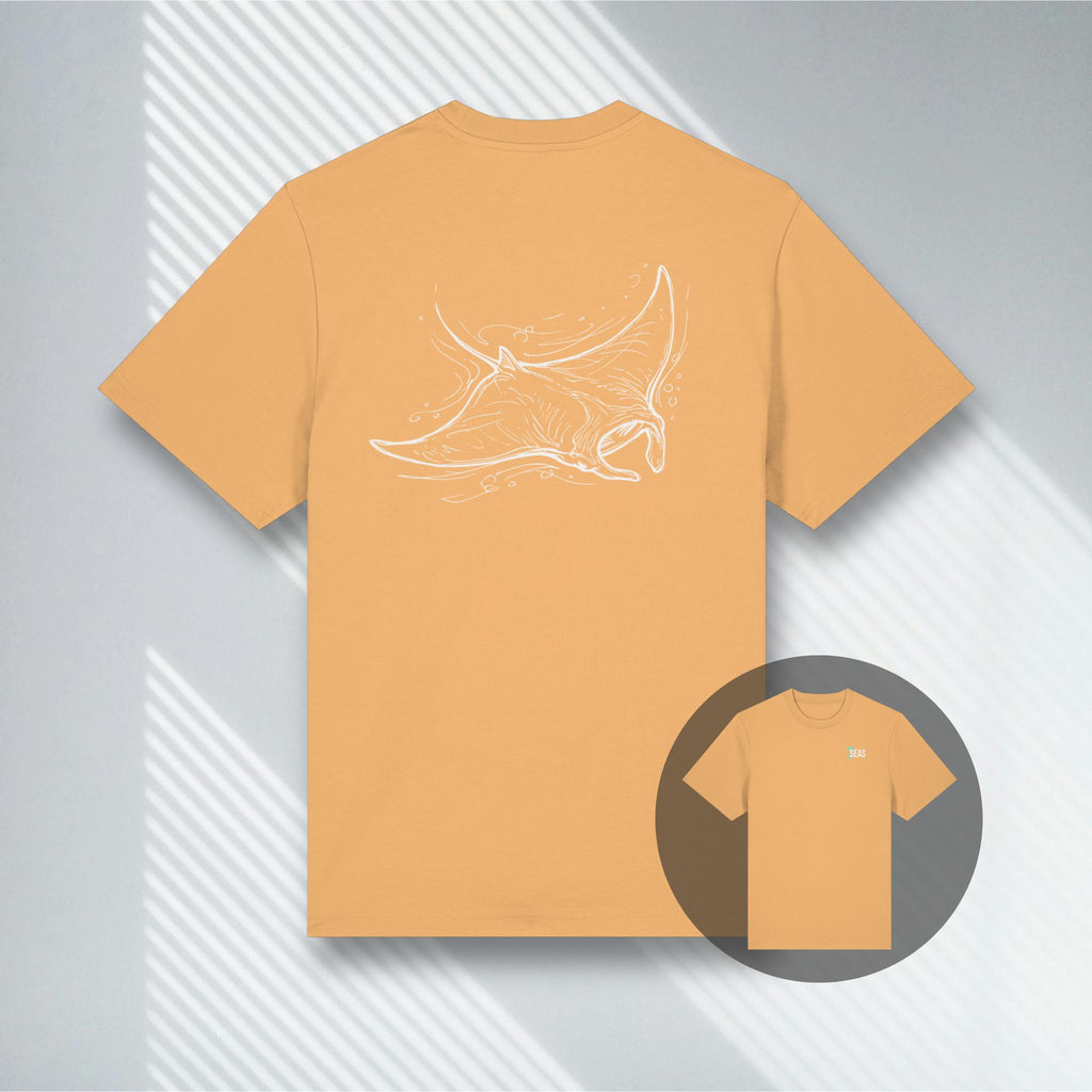 Orange-gelbes T-Shirt mit technischer Manta-Strichzeichnung, Geschenk für Taucher & Meeresfans.