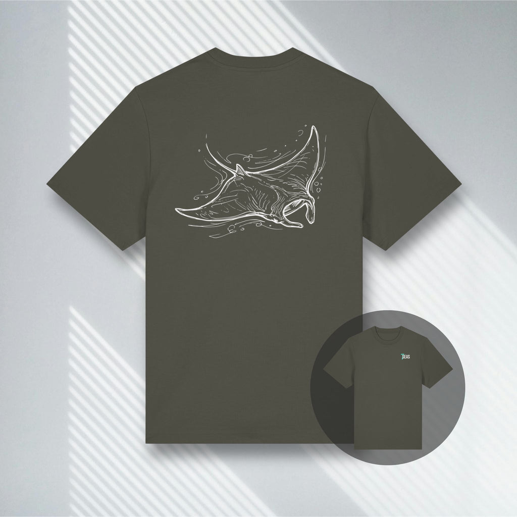 Khakifarbenes T-Shirt mit großem Manta-Motiv auf dem Rücken, GOTS-zertifiziert & vegan.