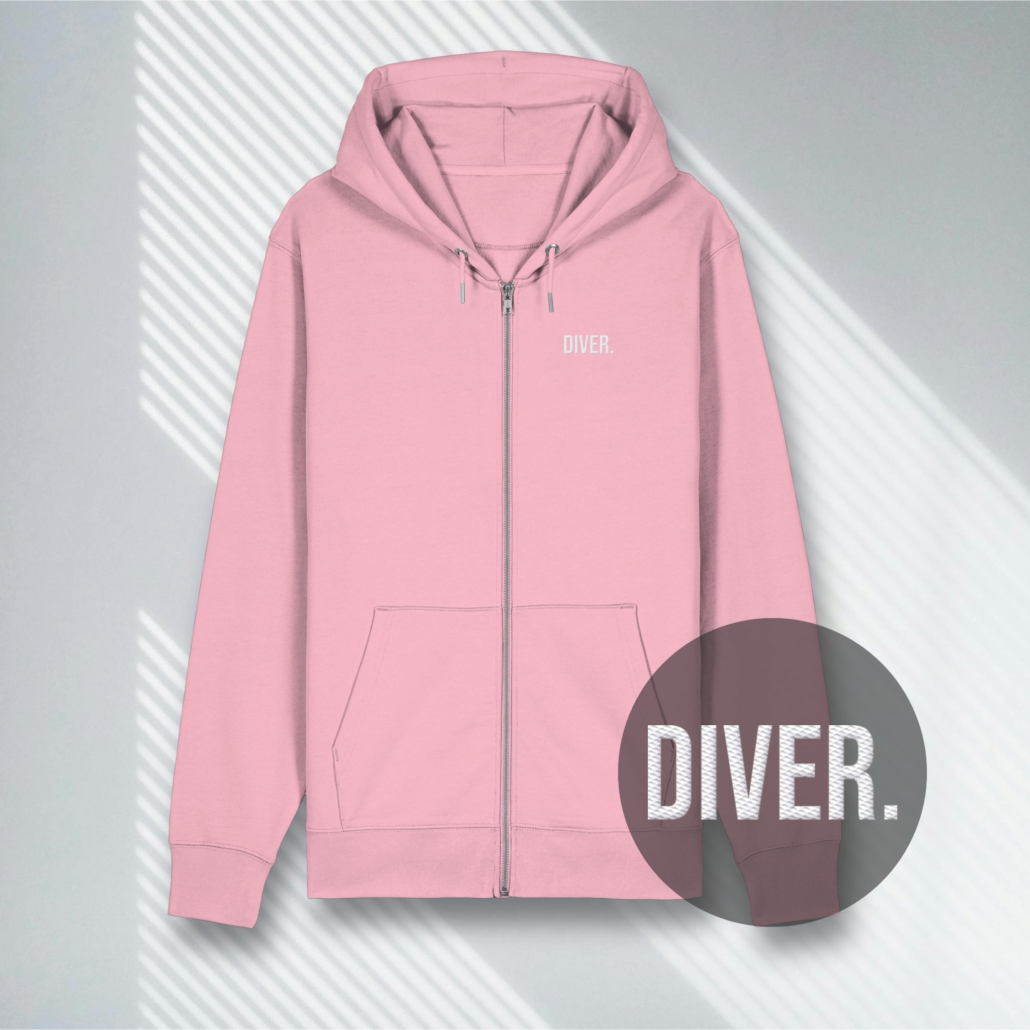Rosafarbener 350g Heavyweight Zipper mit dezentem DIVER Stick für Ozean-Liebhaber.