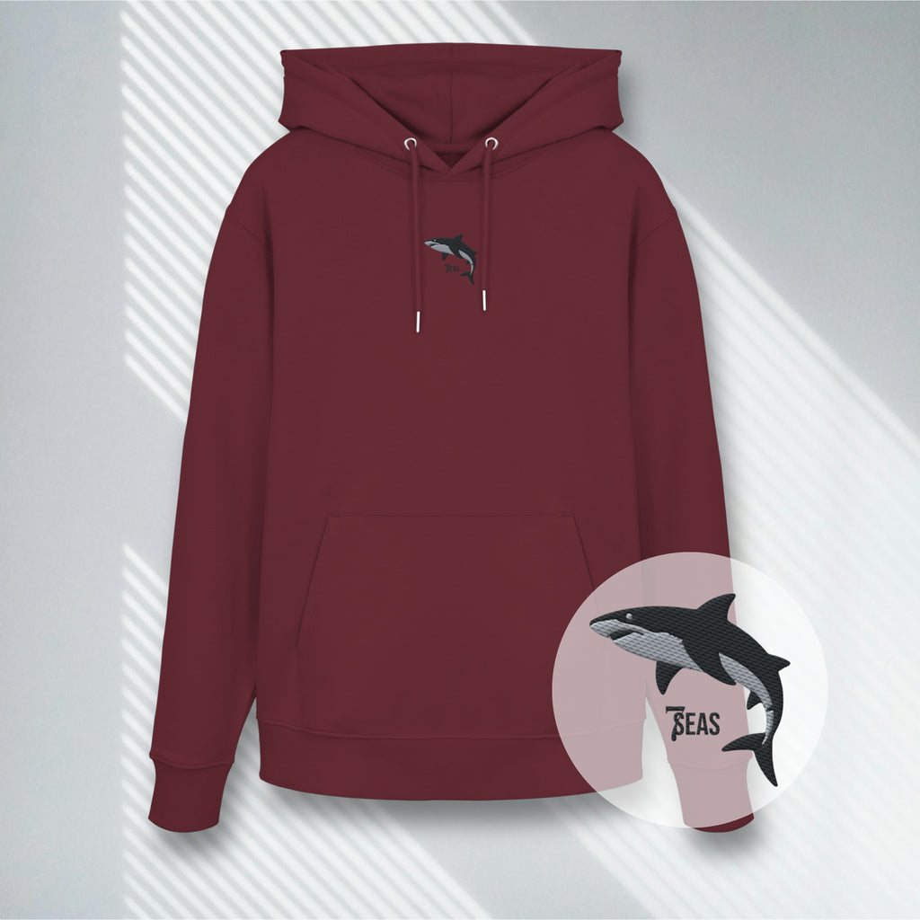 Weinroter Premium Bio-Hoodie mit minimalistischem Hai Stick auf der Brust, 7Seaspirations.